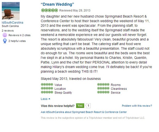 Review on Tripadvisor about wedding