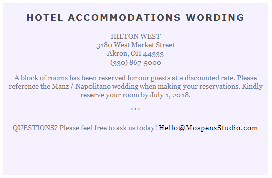 Sample card for hotel room block invite